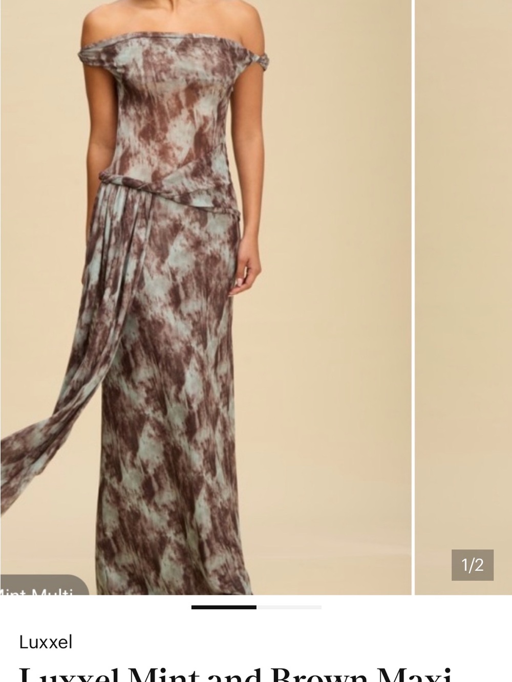 Luxxel Off-Shoulder Mint and Brown Maxi Dress brand New